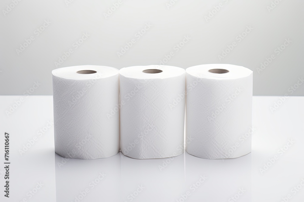 Three white toilet paper rolls, photographed separately against a white backdrop. Three white toilet paper rolls, photographed separately against a white backdrop.