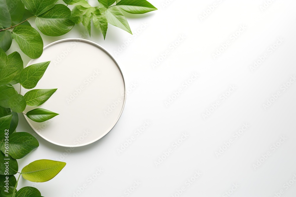 A light grey background with a clear, round podium and vibrant green leaves, seen from above. A light grey background with a clear, round podium and vibrant green leaves, seen from above.