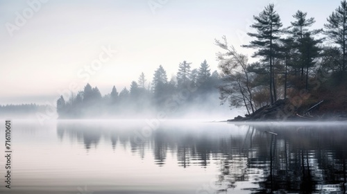 Foggy Reflections The calm waters of a lake reflecting hazy fog  creating a dreamy image.