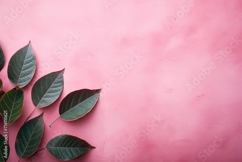 A pink concrete wall with a textured surface and unevenness is adorned with the silhouette of rose leaves. photo