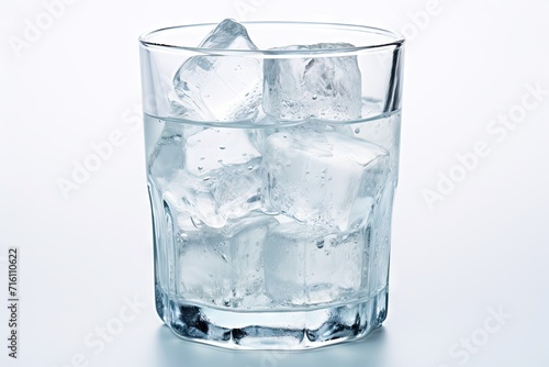 A glass containing ice made from water, set apart on a white background.