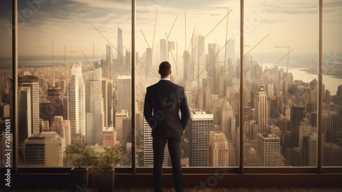 A businessman looks out the window from inside an office building, with a view of downtown skyscrapers.