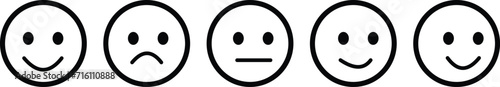 Iconic illustration of satisfaction level. Range to assess the emotions of your content. Feedback in form of emotions. User experience. Customer feedback. Excellent, good, normal, bad, awful. Vector F