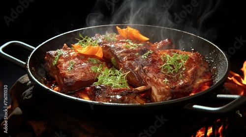 "Sizzling Symphony: A tantalizing sight of pork ribs cooking to perfection, radiating warmth and flavor."