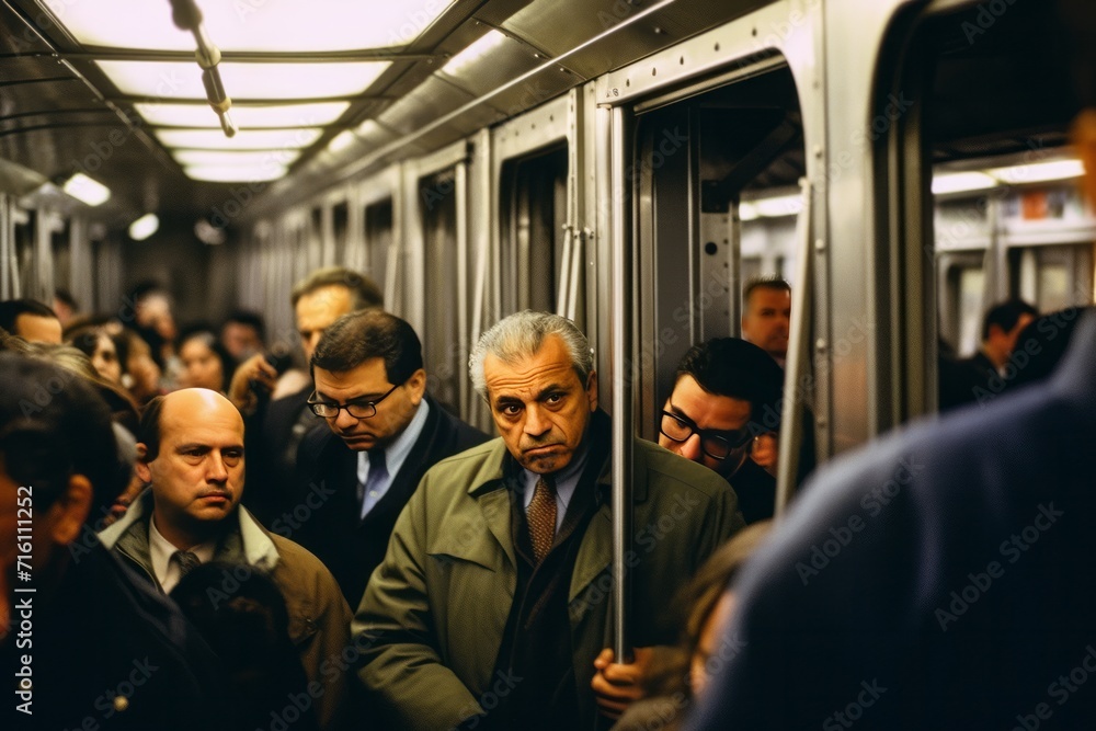 Crowded subway car filled with passengers on their way to the financial district for their jobs, Generative AI