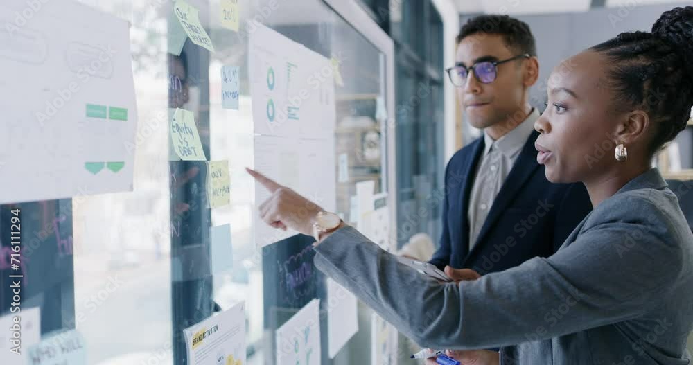 Business people, teamwork and planning on glass board for data analytics, brainstorming growth and statistics on tablet. Professional manager, mentor or woman with paper, solution or problem solving