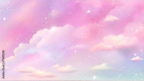 Kawaii Fantasy Pastel Colorful Sky with Clouds and Stars Background in Paper Cut and Paste Style.