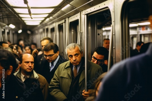 Crowded subway car filled with passengers on their way to the financial district for their jobs, Generative AI