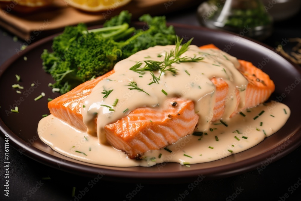 Salmon with sauce on plate Salmon with sauce on plate