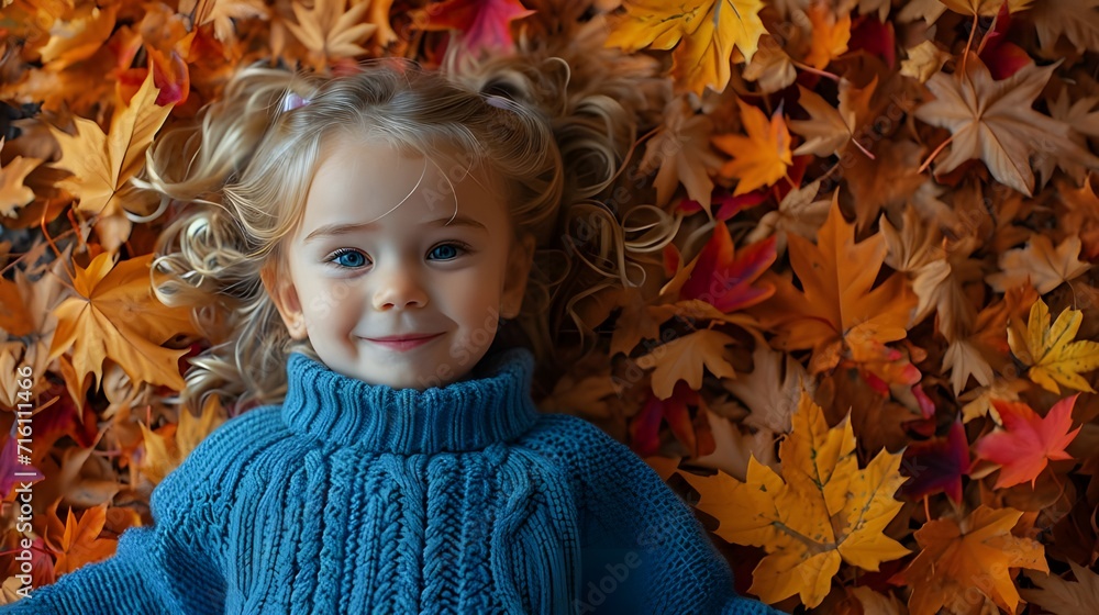 Autumn girl lying down on fallen maple leaves outdoors. Portrait of a young fashion model in fall nature park forest background. Modern holiday harvest season 3d digital art greeting card wallpaper. Autumn girl lying down on fallen maple leaves outdoors. Portrait of a young fashion model in fall nature park forest background. Modern holiday harvest season 3d digital art greeting card wallpaper.