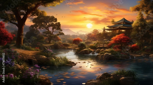 Serene Sunset at Traditional Japanese Garden