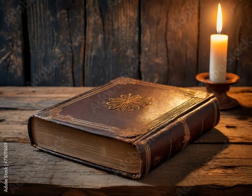 old book and candle, An antique leather-bound book rests on a weathered wooden table, bathed in the soft glow of candlelight. transports viewers to a bygone era of storytelling ,