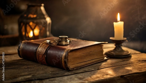 candle and books, An antique leather-bound book rests on a weathered wooden table, bathed in the soft glow of candlelight. transports viewers to a bygone era of storytelling 