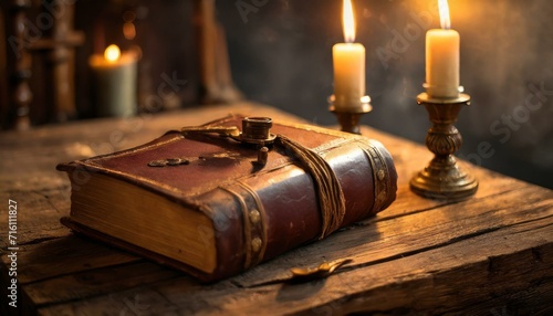 An antique leather-bound book rests on a weathered wooden table, bathed in the soft glow of candlelight. transports viewers to a bygone era of storytelling, book and candle © Sajjad-Farooq-Baloch