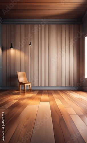 empty room with wooden floor and photo print wallpaper  Generative AI 