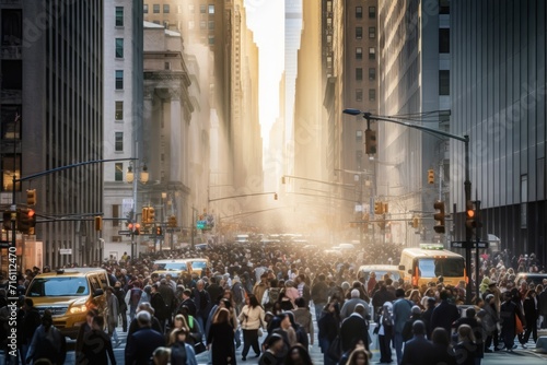 Crowded street in the heart of the financial district with people rushing to their jobs, Generative AI