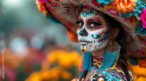 Fotografie, Obraz Mexican woman dressed for the Day of the Dead celebration.