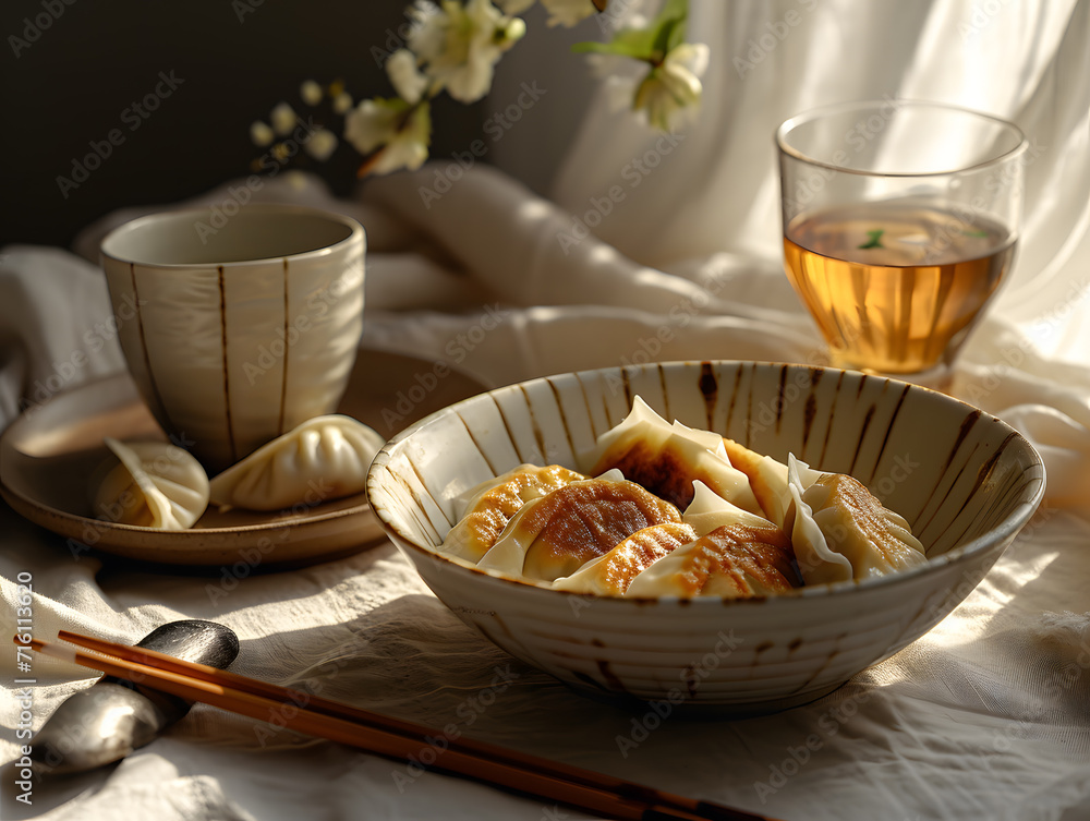 Chinese dumplings in a bowl on a table with a cup of tea Chinese dumplings in a bowl on a table with a cup of tea