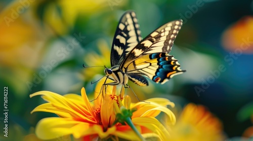 Closeup of a spotted swallowtail erfly sipping nectar from a bright yellow flower in a city flower bed its long proboscis curled delicately as it collects nourishment
