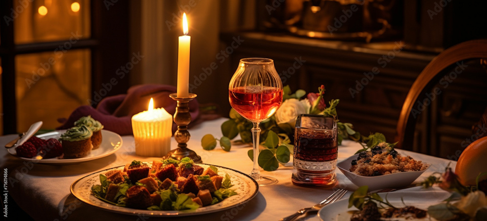 a romantic atmosphere with candles and a home-cooked meal