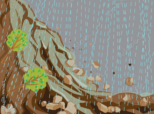 大雨で崖崩れが発生したイラスト素材です。