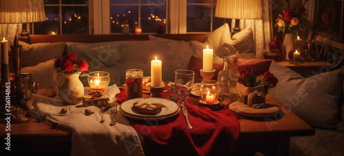 a romantic atmosphere with candles and a home-cooked meal