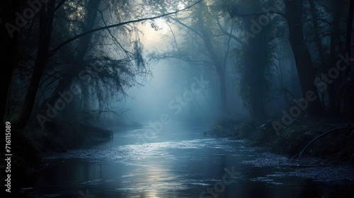 Cloaked in Mystery A river surrounded by thick fog, concealing its true depths and secrets.