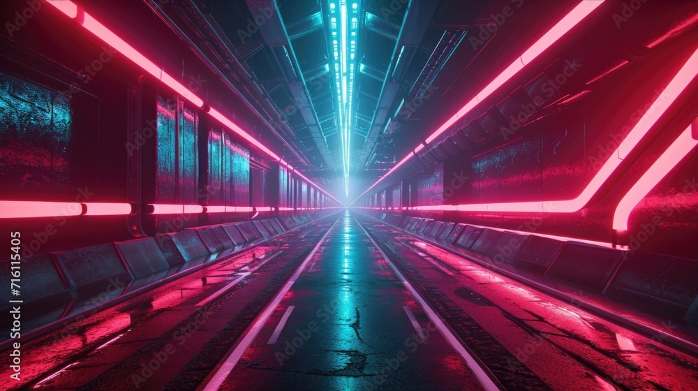 A glowing neon highway stretching into the horizon inviting you to take a journey into the future - obrazy, fototapety, plakaty 