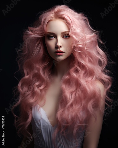 girl with long pink lush wavy hair in a romantic style
