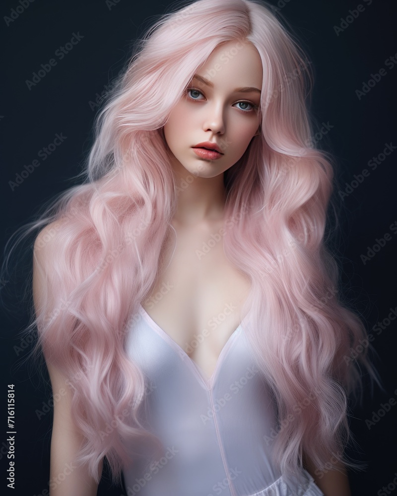 girl with long pink lush wavy hair in a romantic style girl with long pink lush wavy hair in a romantic style