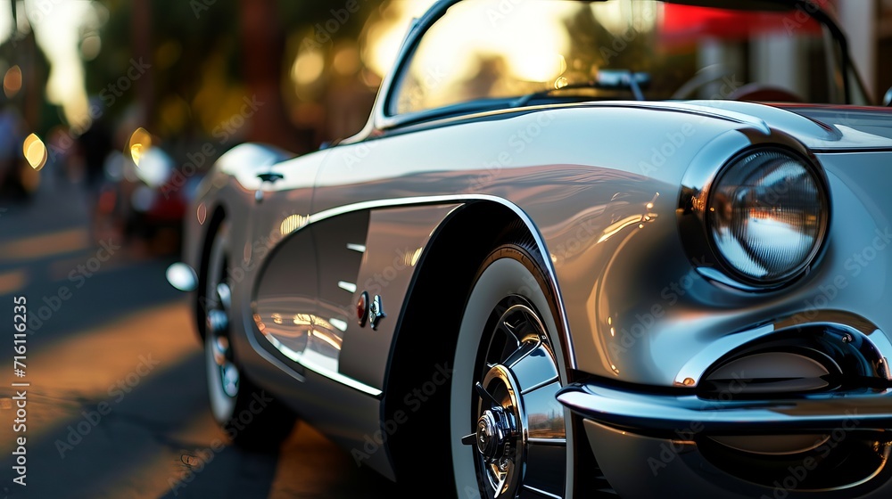 Close-Up of a Polished White Classic Car with Chrome Accents in Outdoor Lighting