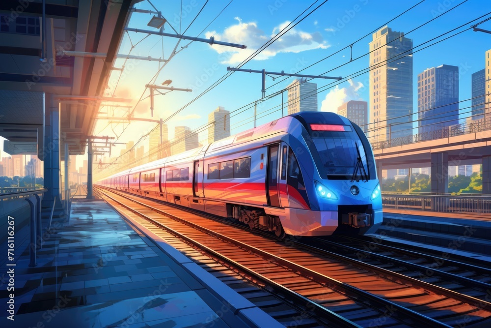 Fototapeta premium the train travels against the backdrop of a city landscape