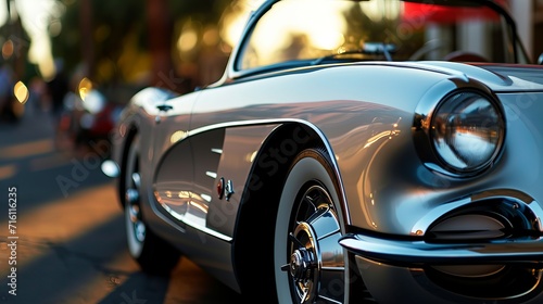 Close-Up of a Polished White Classic Car with Chrome Accents in Outdoor Lighting