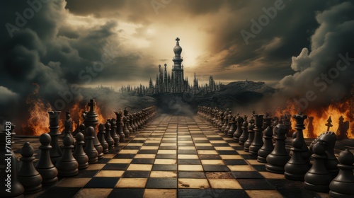 illustration of a chess game, with dark cinematic light.