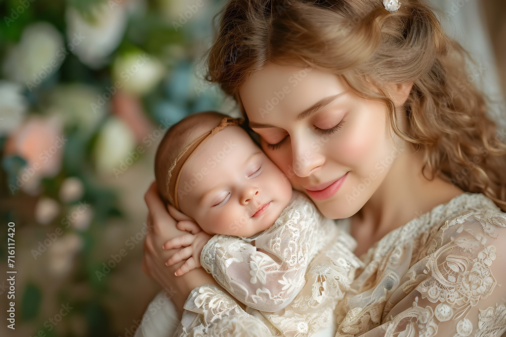 A woman holding a newborn charming baby in her arms, displaying love and tenderness. A woman holding a newborn charming baby in her arms, displaying love and tenderness.