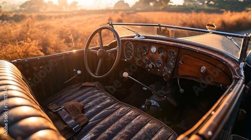 Vintage Car Interior at Sunset: Classic Vehicle with Leather Seats and Wooden Dashboard