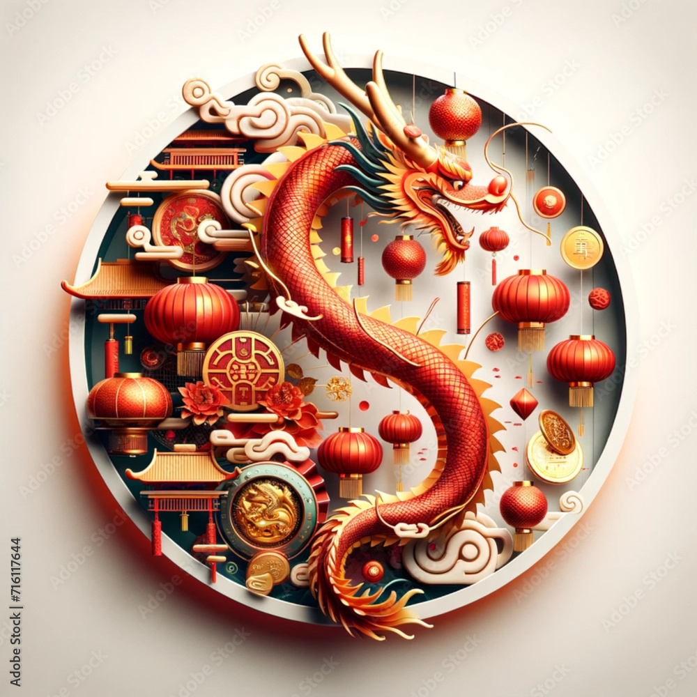 A celebrating the Chinese New Year, 3d style featuring traditional symbols dragon and elements, white background. A celebrating the Chinese New Year, 3d style featuring traditional symbols dragon and elements, white background.