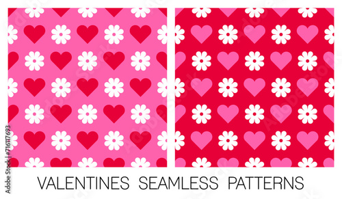 Set of simple geometric heart and flower seamless pattern design for valentine’s day