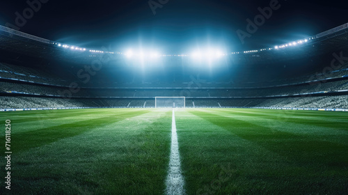 stadium lights,  Football stadium arena for match with spotlight. Soccer sport background, green grass field for competition champion match.  photo