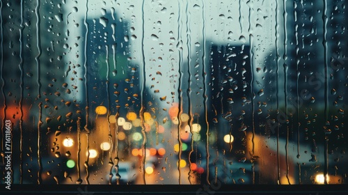 Background view of wet building window glass condensed by rainwater. With blurry urban views at night. photo