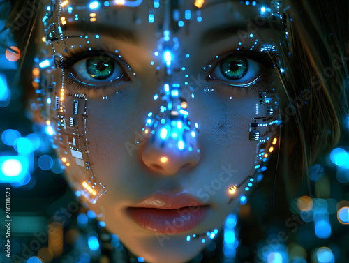 Portrait of a beautiful kid with glowing neon lines on her face 3D rendering. © wcirco