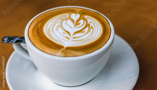  Fresh cappuchino or flat white coffee in a white cup with latte art on it close-up. High quality photo