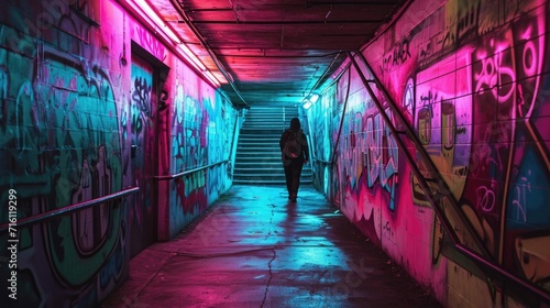 Graffiti artists use the neonlit walls of the subway as their canvas creating a vibrant underground art gallery