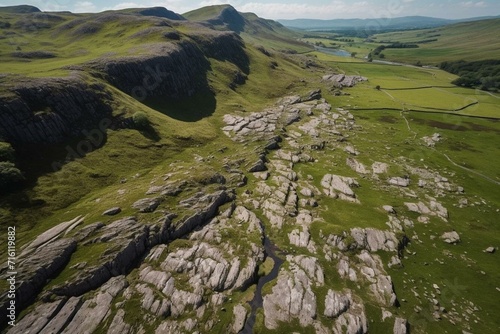 Aerial view of limestone pavement in Crummock Dale, North Yorkshire. Generative AI photo