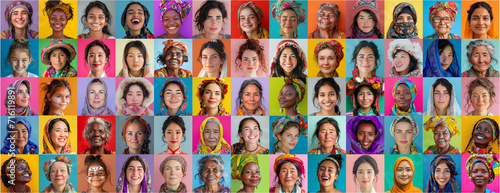 Many women and girls of many generations wearing national traditional costumes. Happy people of different races, ethnicities, and nationalities. National identity, multicultural societies concept. 