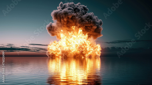 Bomb explosion in sea. Fire and smoke on water. explosion bomb in ocean. nuclear in sea
