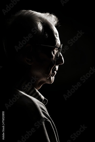 Portrait of an old woman with glasses on a black background.