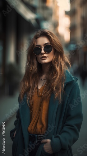 Fashion portrait of a beautiful young woman in a coat and sunglasses. © Ai