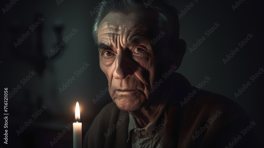 Portrait of an old man with candle in his hand on dark background
