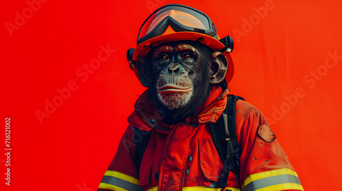 Chimp Wearing Safety Helmet for Firefighter © vanilnilnilla